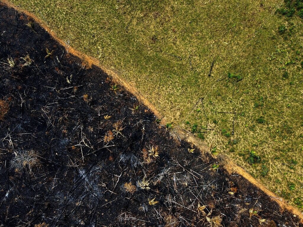 Aerial view of a burnt area in Labrea, southern Amazonas State, Brazil, on September 17, 2022