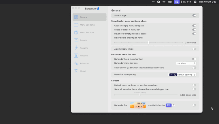 A screenshot of Bartender Mac App.