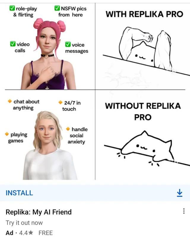 Meme-style ad for Replika promoting features like "NSFW pics"