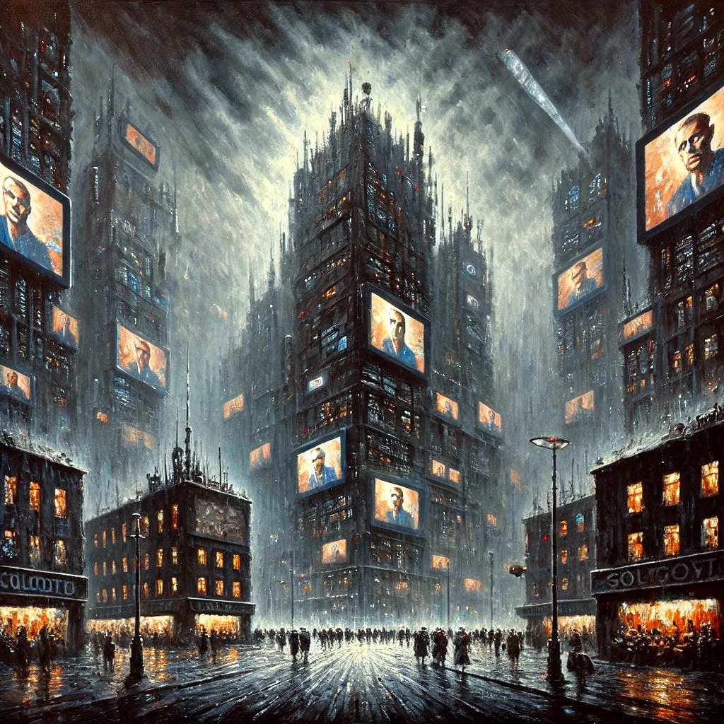 A dystopian cityscape under a perpetually cloudy sky, painted in the style of an expressive oil painting. The scene features towering, ominous buildings with telescreens projecting propaganda, symbolizing constant surveillance. The city is illuminated by cold, artificial lights with muted tones of gray and blue dominating the lower levels, where sparse figures move about in a controlled, subdued manner. Above, bold hues of red and gold highlight the ruling elite’s imposing towers. The brushstrokes are rich and textured, creating a sense of tension and oppression, blending shadows and stark contrasts to convey a chilling atmosphere.