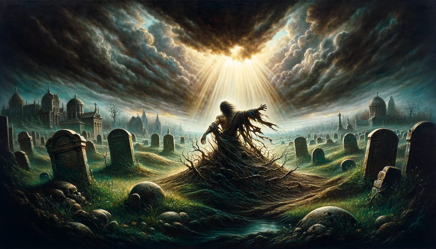 A widescreen oil painting of a dramatic scene where a person is rising from a grave. The setting is an ancient, overgrown cemetery with a backdrop of dark, tumultuous clouds pierced by rays of light. The person, draped in tattered garments, emerges with an expression of determination, symbolizing rebirth amid decay. The landscape is rich with dark greens, deep blues, and hints of gold reflecting off the scene, capturing the essence of overcoming adversity. This scene is meticulously detailed, emphasizing the contrast between the eerie atmosphere of the graveyard and the triumphant spirit of the figure.
