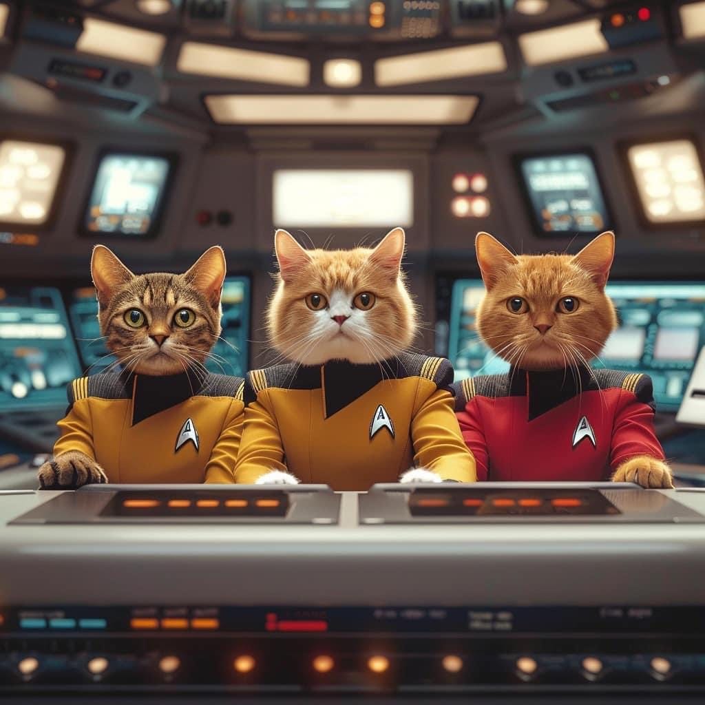 Three cats dressed in Star Trek-style uniforms on a spaceship bridge. The left cat is in a gold uniform with serious expression, center is a fluffy cat in red with a surprised look, and the right cat is earnest in red