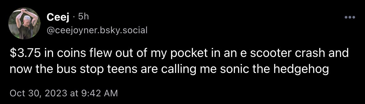 ceejoyner skeeted: “$3.75 in coins flew out of my pocket in an e scooter crash and now the bus stop teens are calling me sonic the hedgehog”