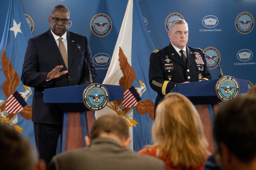 Secretary of Defense Lloyd J. Austin III and Army Gen. Mark A. Milley, Chairman of the Joint Chiefs of Staff, brief reporters.