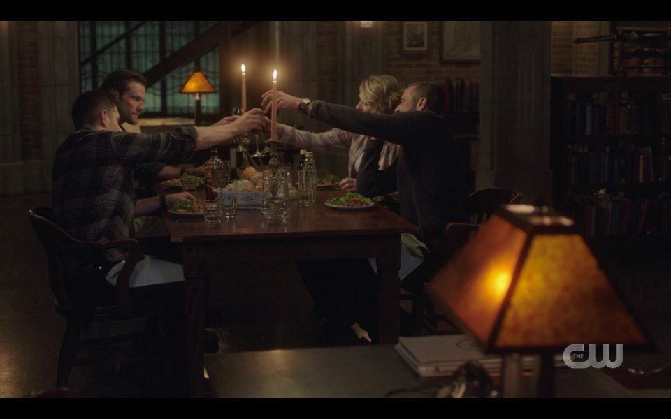 spn 1413 winchester family celebrating dinner together