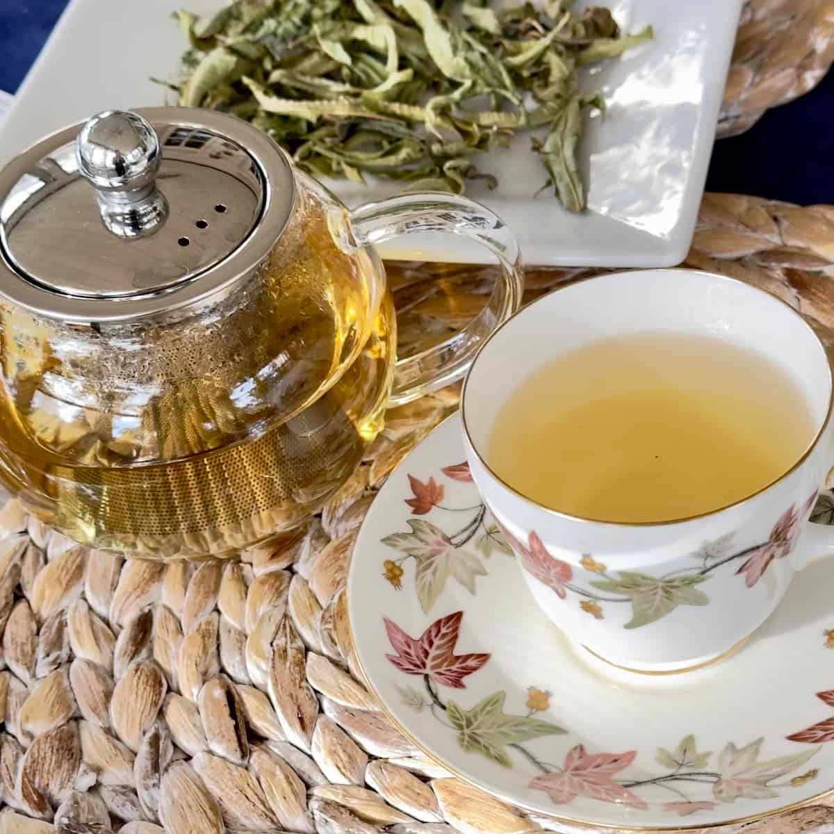 lemon verbena brewed in a cup teapot and dried leaves