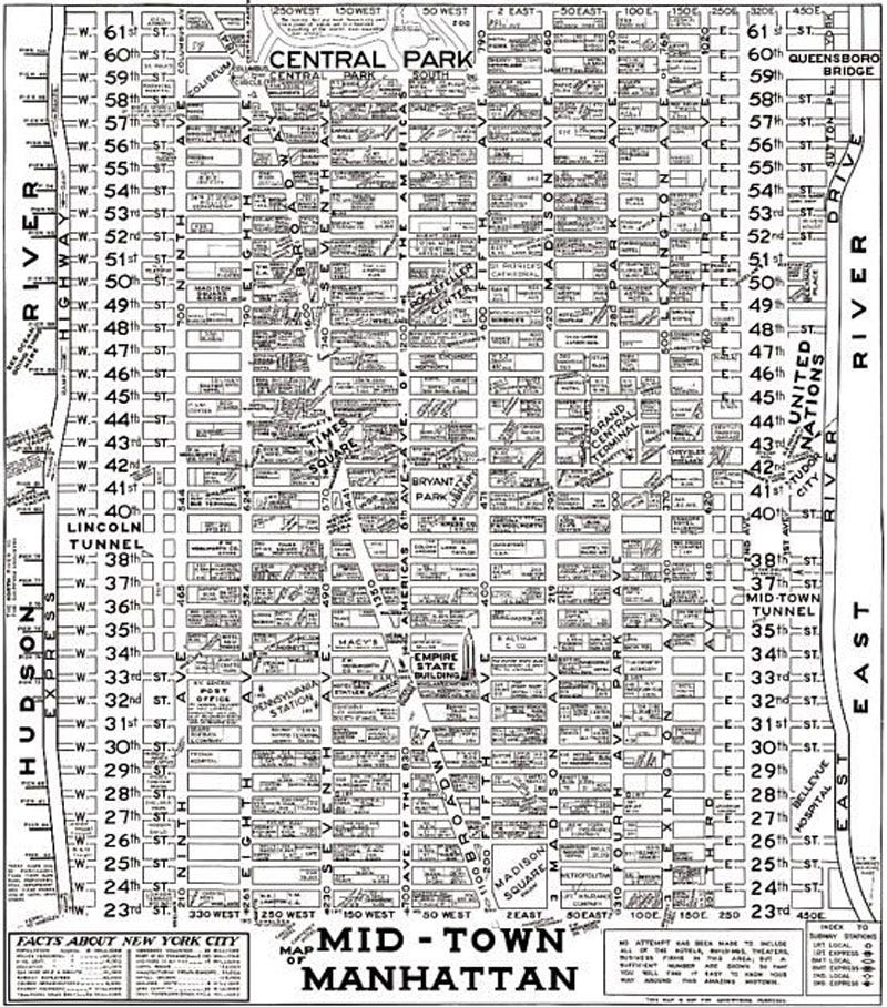 1955 map of the midtown district of Manhattan in New York City