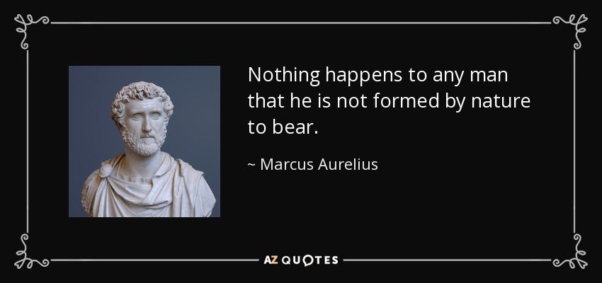 Marcus Aurelius quote: Nothing happens to any man that he is not formed...