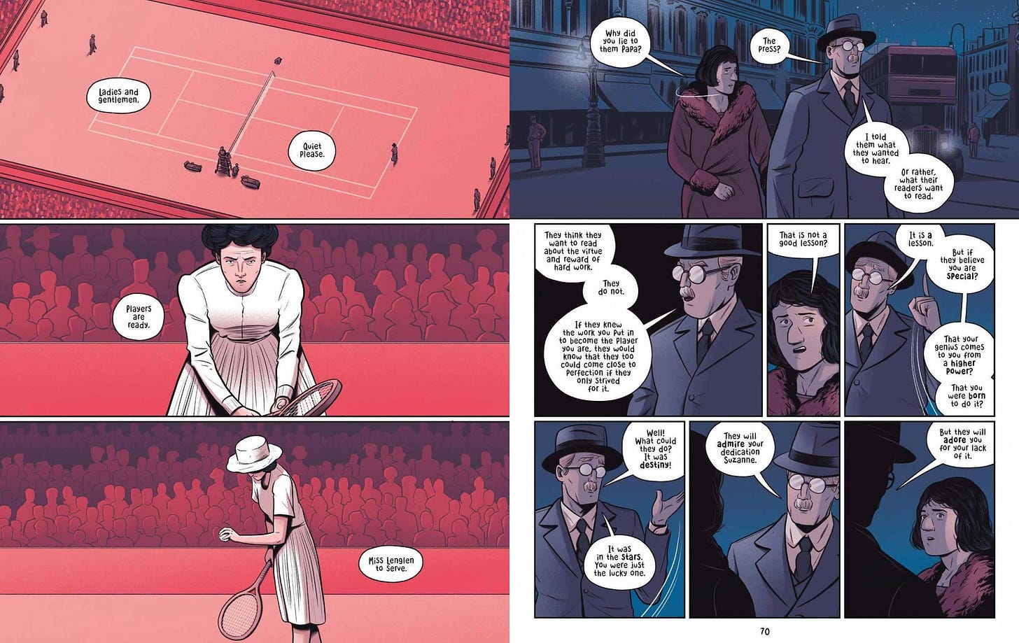 Two page spread from Suzanne depicting a tennis match in red tones and the aftermath in blue hues.