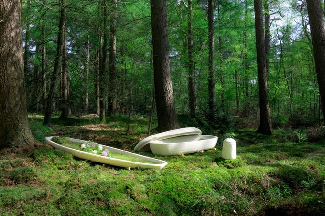 A ForestBed coffin, a Living Cocoon coffin and an EarthRise urn made by Dutch startup company Loop Biotech. The burial materials are made from biodegradable mushroom and hemp fibers.
