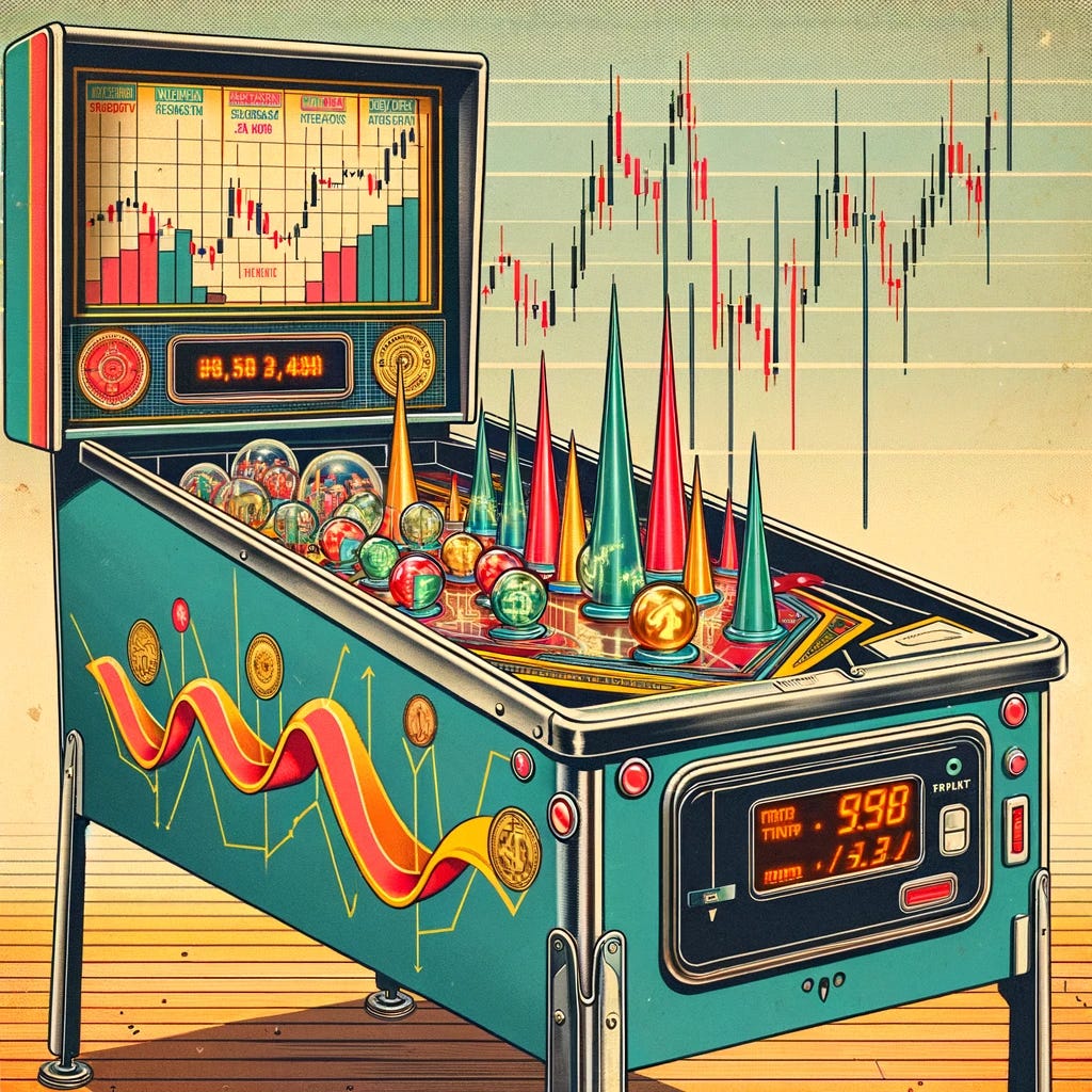 A retro 1950s-style artwork of a metaphorical pinball machine representing stock market dynamics, specifically a stock pinballing between its Bollinger Bands in the equities market, without any people in the scene. The vintage pinball machine includes elements like flippers, pegs, and a scoreboard. Instead of traditional pinballs, symbols of various stock prices are used. The flippers resemble graphs of rising and falling stocks, emphasizing the ups and downs of the stock market. The overall image should be devoid of human figures, focusing solely on the machine and its financial market-themed design, blending the essence of finance with the thrill of a pinball arcade.
