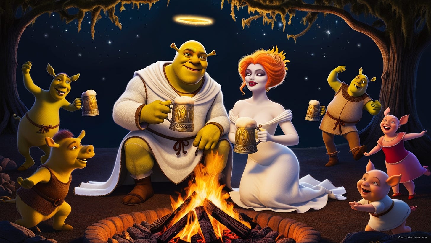 Shrek, donning a flowing white robe with a golden halo-inspired aura, sits beside a ravishing woman with porcelain skin and fiery locks, both cradling ornate mugs of frothy ale as they bask in the warm, golden glow of a crackling biblical campfire. The scene unfolds against a backdrop of twinkling stars and moss-draped trees, as fairytale creatures from the Shrek universe, including Donkey, Gingy, and the Three Little Pigs, dance and frolic with reckless abandon, their vibrant colors and whimsical attire adding to the fantastical atmosphere. The dramatic lighting casts deep shadows, while dappled sunlight filtering through the leaves above imbues the scene with a sense of wonder and magic, as if conjured from the pages of an ancient illuminated manuscript.