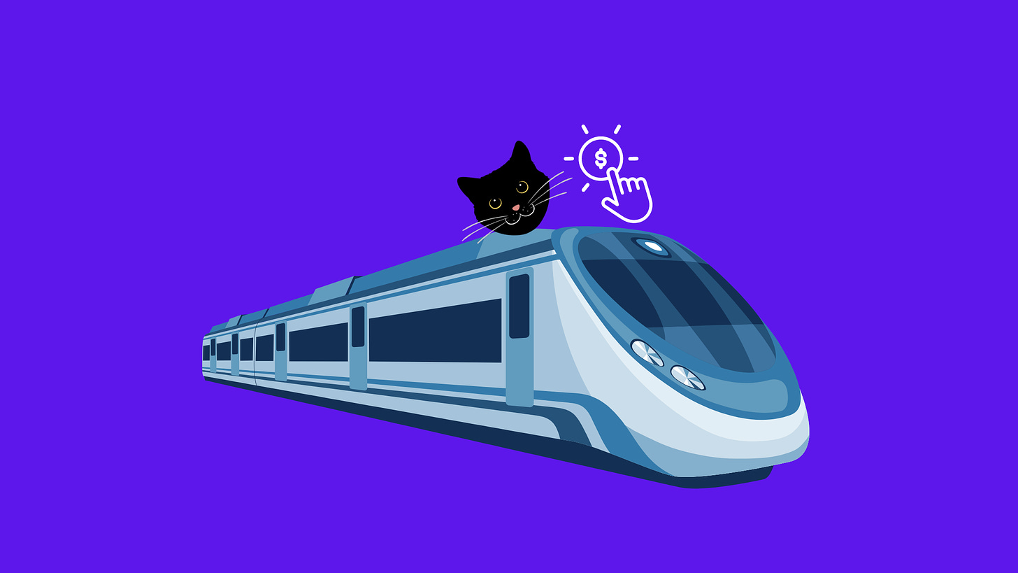 Image of train, cat face and dollar sign