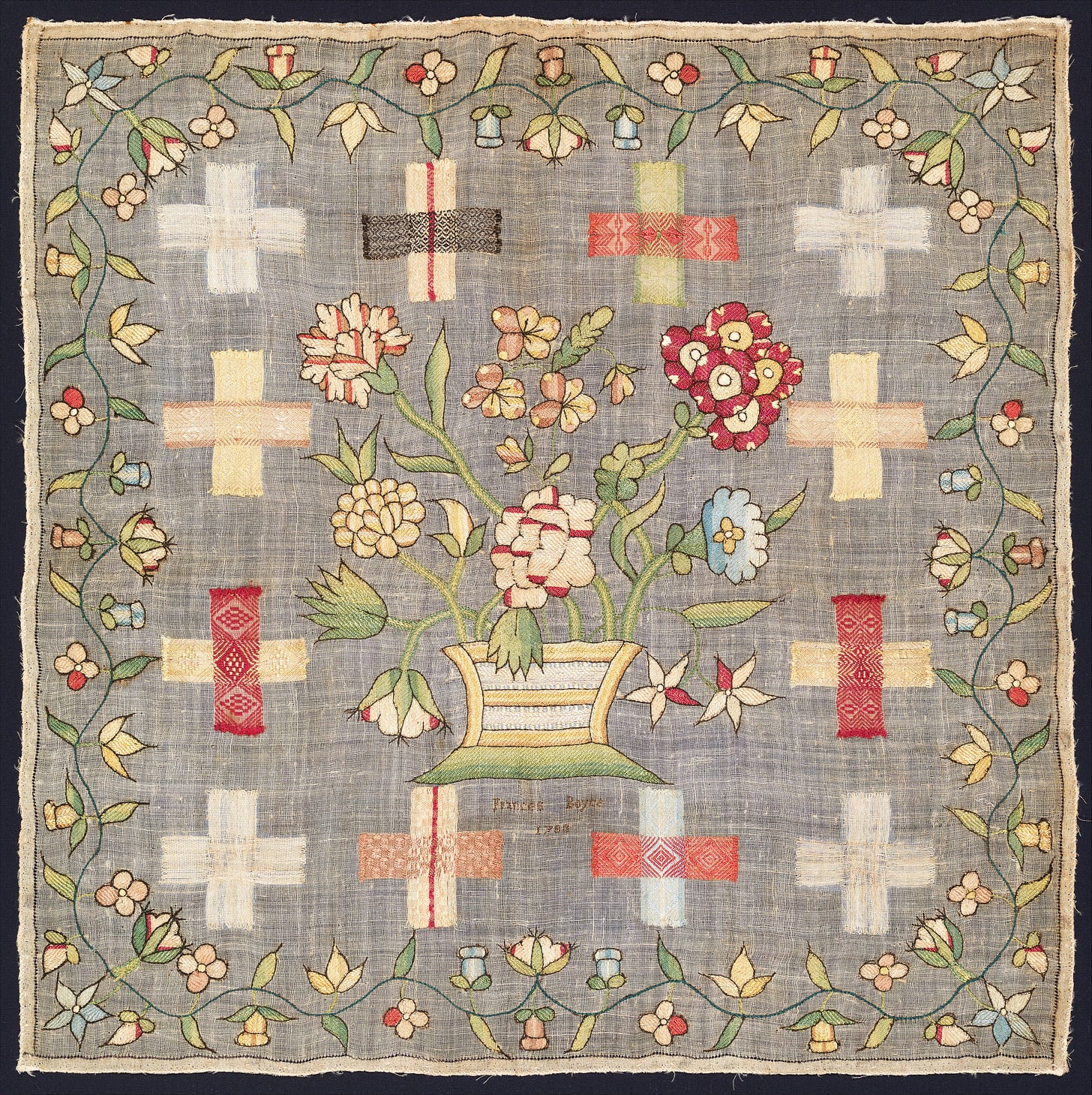 Embroidered darning sampler, Frances Boyce (British), Silk embroidery on linen, British