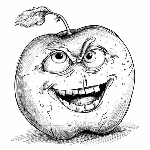 A smiling apple with a few leaves attached, ready to be colored in vibrant shades. A simple yet enjoyable page for kids to color, available through a coloring book subscription.