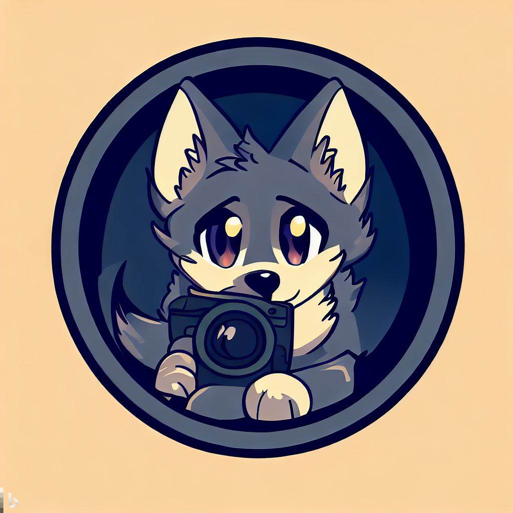 a wolf holding a camera while being inside a camera lens.