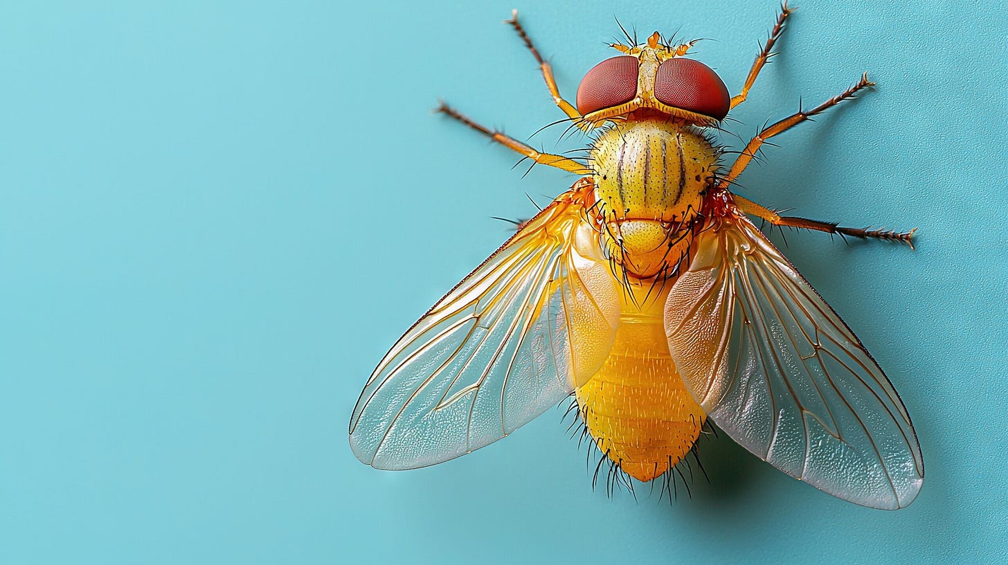 A fruit fly on a blue background with a red spot on its back end.