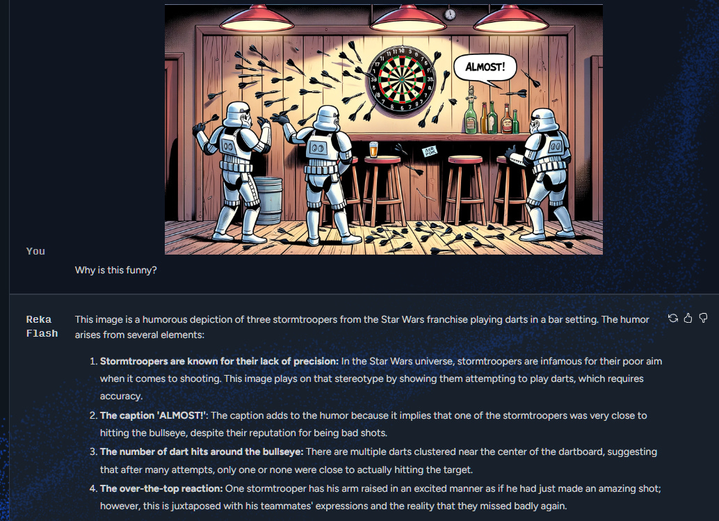 Chat with Reka Flash about a cartoon of Stormtroopers playing darts