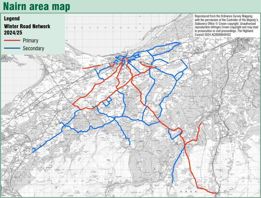 Map of ward showing roads gritted in red and blue