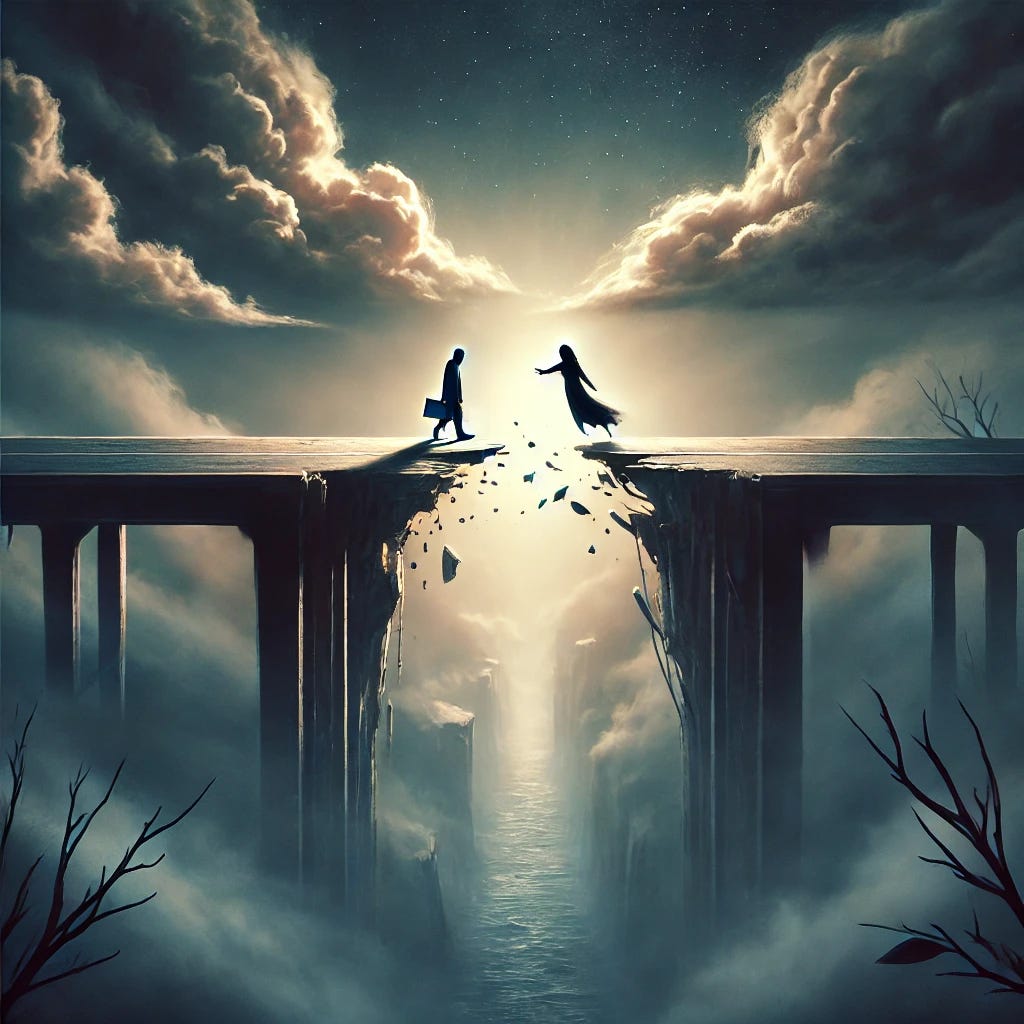 A symbolic illustration representing emotional discarding in relationships. The image features a broken bridge suspended over a vast, dark chasm, with one side crumbling as a figure walks away into the distance, leaving behind another figure standing alone at the edge of the broken bridge, reaching out. The scene is illuminated by a soft, melancholic light, with clouds gathering in the background, symbolizing abandonment and emotional turmoil. The overall mood is somber and reflective.