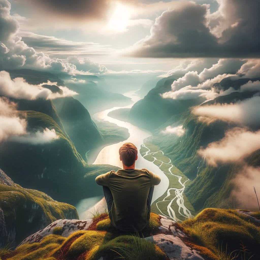 A young man sits atop a mountain, his back facing the viewer, overlooking a breathtaking green landscape below. Multiple rivers snake through the valleys, glistening under the soft light of the sun that peeks through thick, fluffy clouds. The scene is peaceful and awe-inspiring, capturing a moment of solitude and the grandeur of nature.