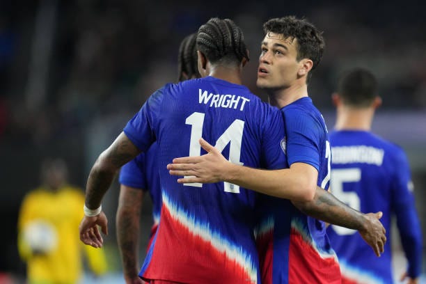 Haji Wright of the United States celebrates his goal with teammate Gio Reyna during a Concacaf Nations League game between Jamaica and USMNT at AT&T...