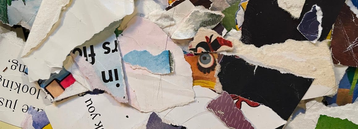 image of a pile of colorful scraps of ripped paper, some with images such as cartooneyes, others with fragments of text.