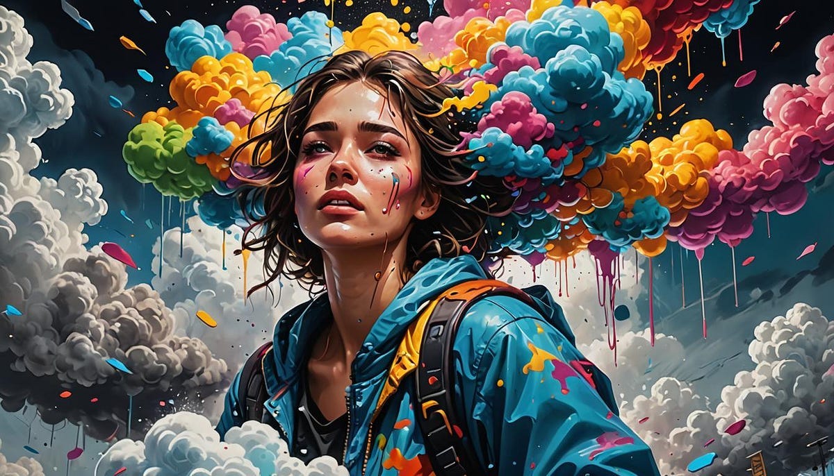 Beautiful woman floating on cloud, artist impression Beautiful woman floating on cloud, artist impression