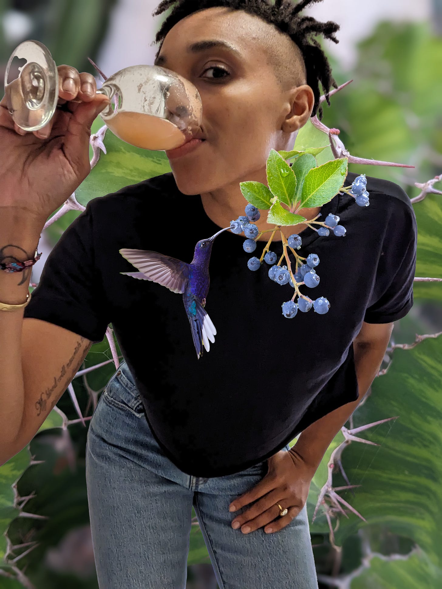 A photo collage of zel, plants & a hummingbird