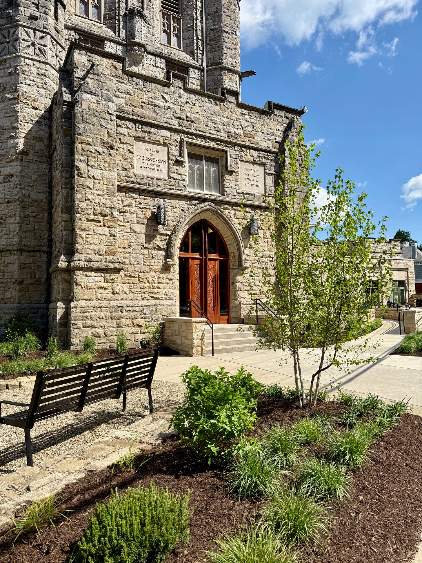 Looking towards the door to the old narthex at the back of the nave at Church of the Ascension. Birch ‘White Spire’, Pennisetum, Panicum, Mugo pine, Hydrangea ‘Little Lime’ and Liriope fill the beds. Looking towards the door to the old narthex at the back of the nave at Church of the Ascension. Birch ‘White Spire’, Pennisetum, Panicum, Mugo pine, Hydrangea ‘Little Lime’ and Liriope fill the beds.