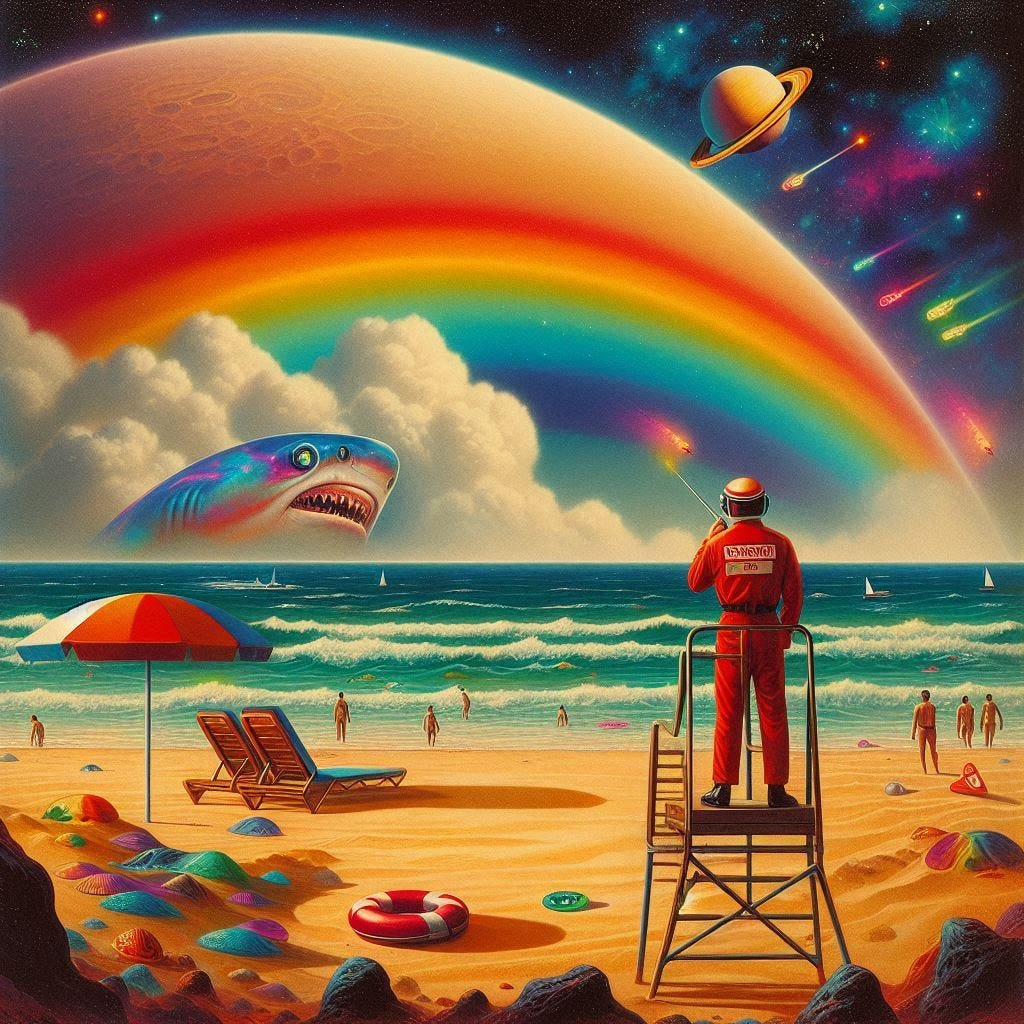 lifeguard at the beach on saturn, rainbow clouds, small glowing shark in background, 60s sci-fi art