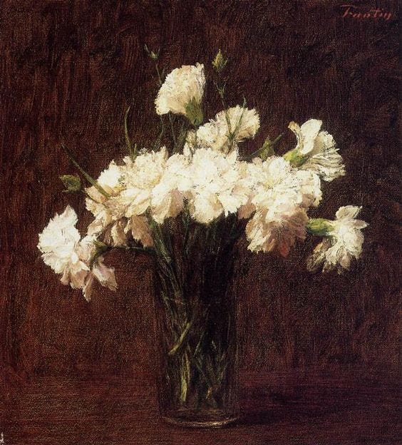 This may contain: a painting of white flowers in a glass vase