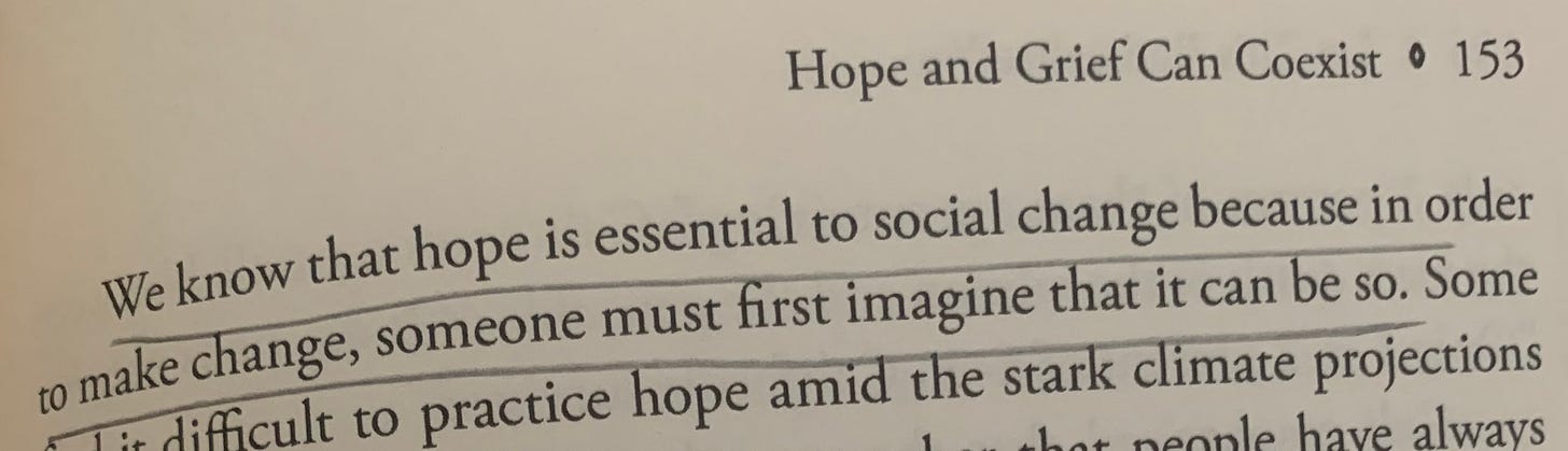 A book page with highlighted text discussing the necessity of hope for social change. A book page with highlighted text discussing the necessity of hope for social change.