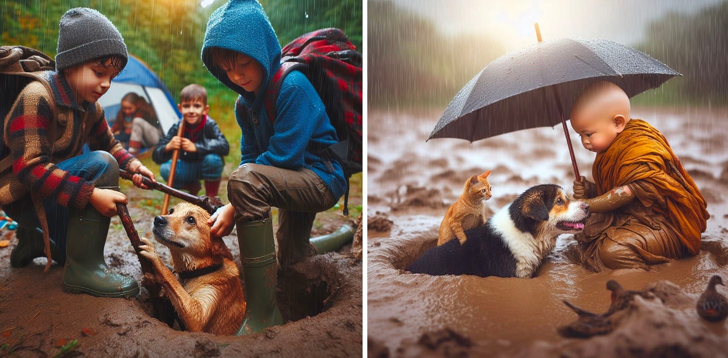 Some kids rescuing a dog from a muddy hole