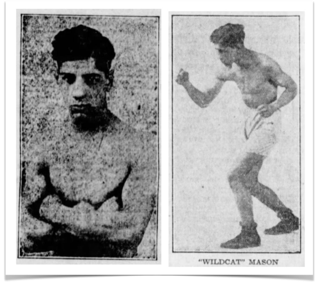 Newspaper clipping of Wildcat Edie Mason (Angelo Scalze) in boxing gear and pose. 