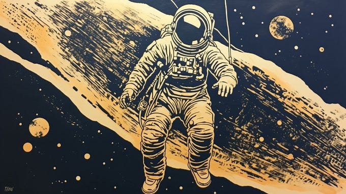 lino cut print, astronaut, spacewalk, midnight blue, gold highlights --ar 16:9