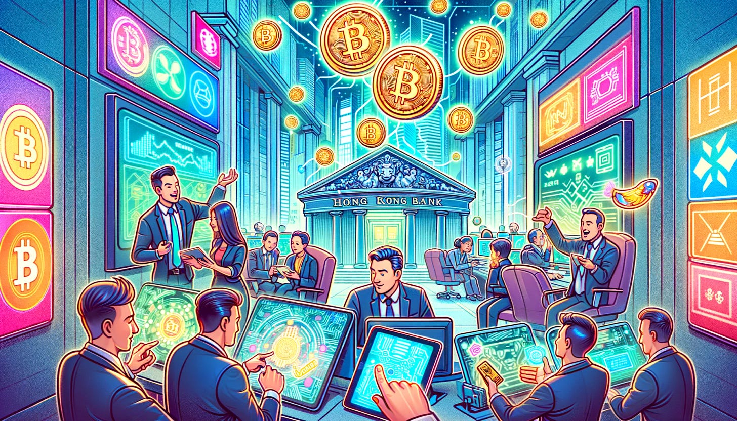 A colorful cartoon illustration in a 16:9 format, depicting a bustling Hong Kong bank scene where executives are in the process of tokenizing assets. The bank's interior is modern and busy, with digital displays showing cryptocurrency symbols and blockchain graphics. Several bankers are animatedly discussing over digital tablets and computers, with virtual tokens illustrated as glowing, futuristic coins floating above the devices. The cartoon style is vibrant, emphasizing the innovative and tech-savvy atmosphere of the bank.