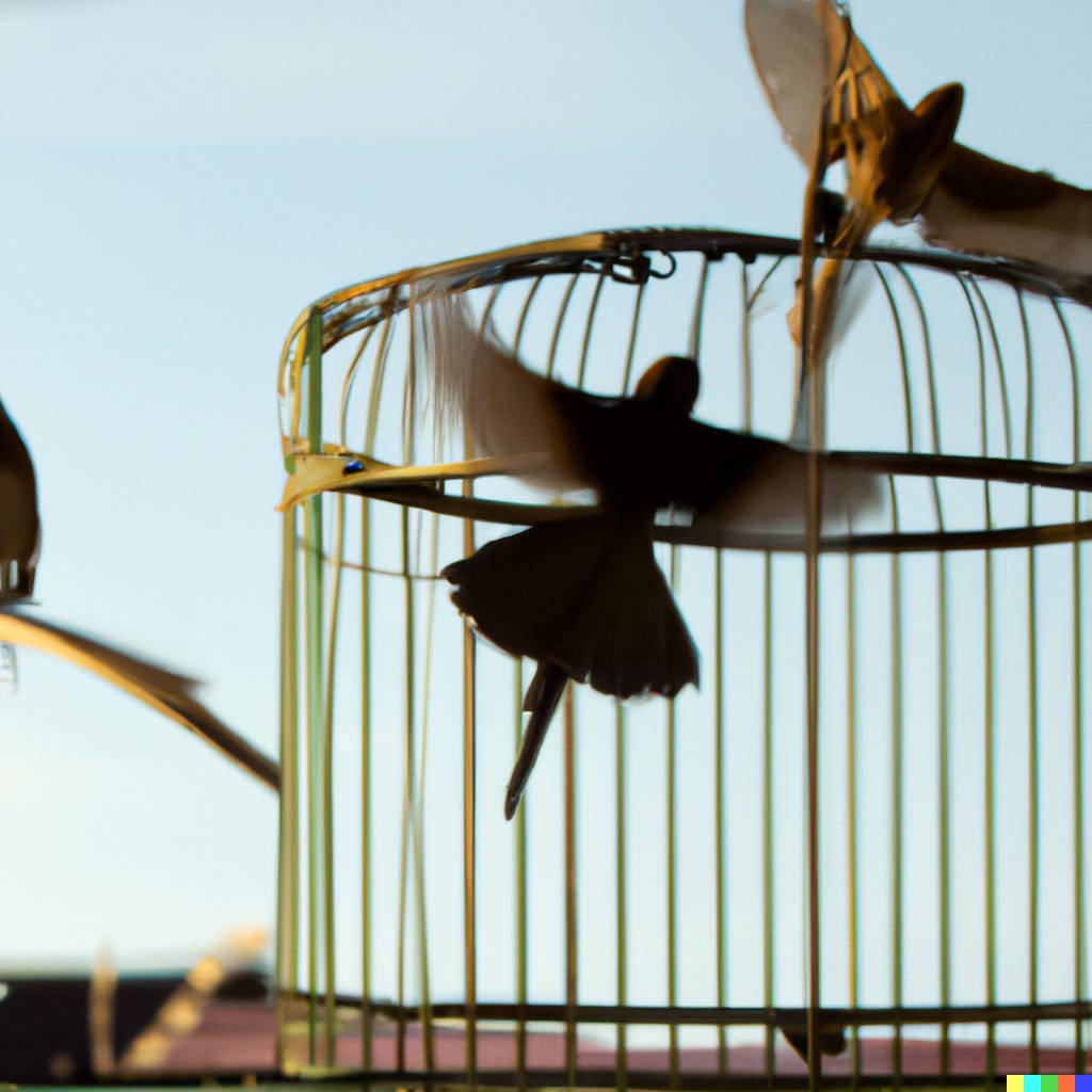 computer generated image of birds flying away from a cage