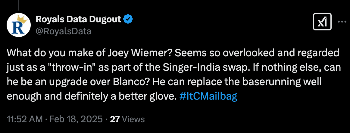 What do you make of Joey Wiemer? Seems so overlooked and regarded just as a "throw-in" as part of the Singer-India swap. If nothing else, can he be an upgrade over Blanco? He can replace the baserunning well enough and definitely a better glove.