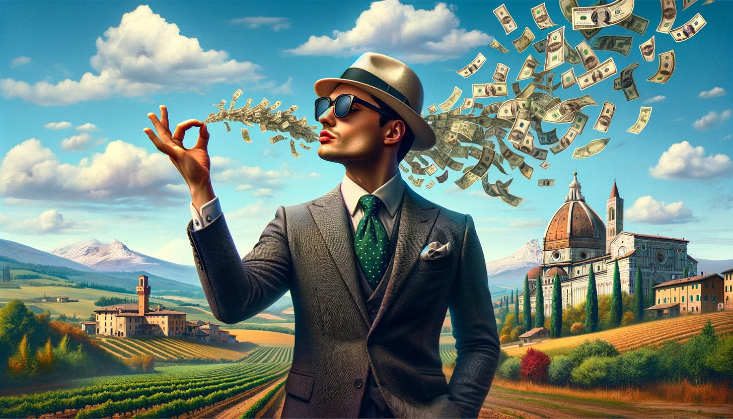Capture a moment in an Italian landscape where an individual is performing the iconic "pinched finger" gesture, synonymous with Italian nonverbal communication, often interpreted as "what are you saying?" or expressing disbelief. The individual, depicted with a sense of style reflective of Italian fashion, is surrounded by a surreal scenario where money bills are raining down from the sky. This scene is set against a backdrop featuring elements emblematic of Italy, such as rolling hills, traditional vineyards, or historic buildings, with a clear sky. The overall atmosphere of the image should be one of wonder and slight amusement, rendered in a landscape format to fully embrace the scenic beauty and the unusual occurrence.