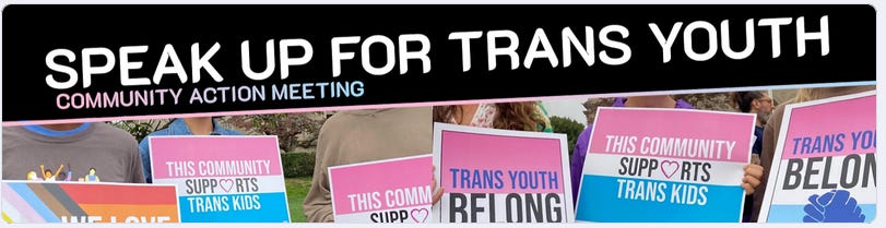 Two cropped photos, showing several protest signs with the trans flag colors of pink, white, and blue, with messages in support of Trans Youth. Text at top: Speak up for Trans Youth Community Action Meeting