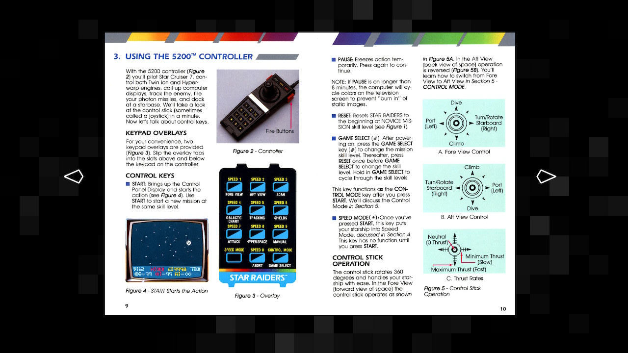 A screenshot of pages 9 and 10 of the Star Raiders manual, which shows images of the 5200 keypad controller, and the functions of the various buttons on it, as well as how to operate the control stick to pilot the "Star Cruiser 7"