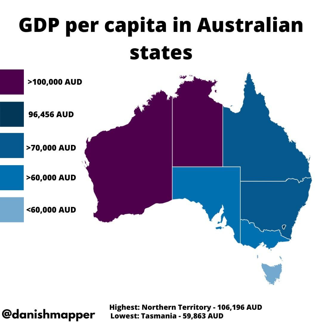 GDP per capita of Australian states Cred : Danishmapper on Instagram! :  r/MapPorn