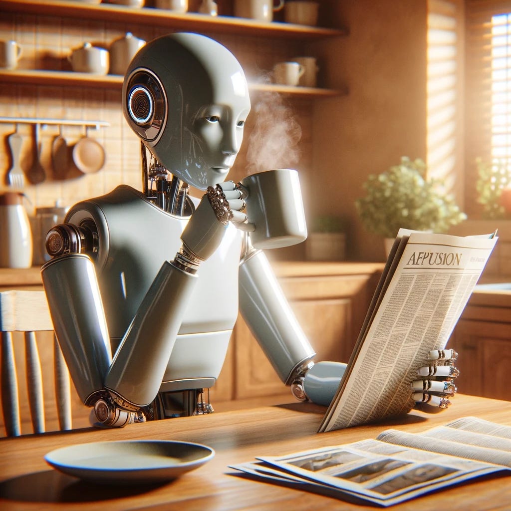 A humanoid robot sitting at a kitchen table in a cozy home environment, drinking coffee from a mug and reading a newspaper. The robot has a sleek, metallic design but is designed to mimic human form and behavior closely. It's holding the mug with one hand while the other hand is holding the newspaper open. The scene is warm and inviting, with morning sunlight filtering through a nearby window, casting a soft light on the robot and the surroundings. This image captures a moment of tranquility, blending advanced technology with everyday human activities.