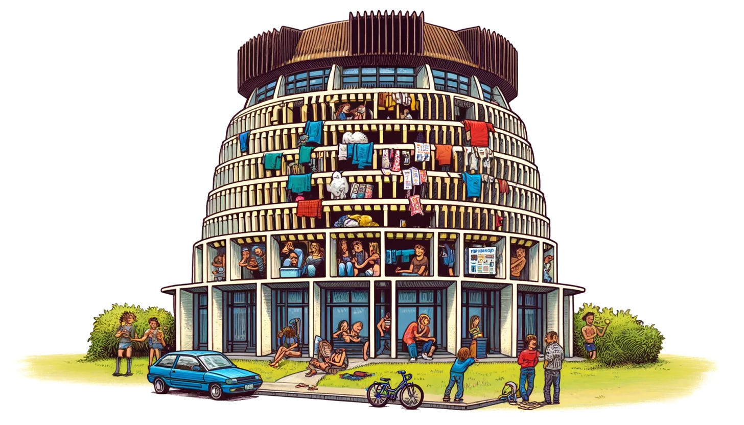 A cartoon depiction of the Beehive in New Zealand transformed into a college dormitory. The Beehive building should have elements such as laundry hanging from windows, students chatting and playing games outside, a bicycle leaning against the building, and a notice board with various flyers. The scene should be lively and humorous, capturing the essence of a bustling college dorm environment.
