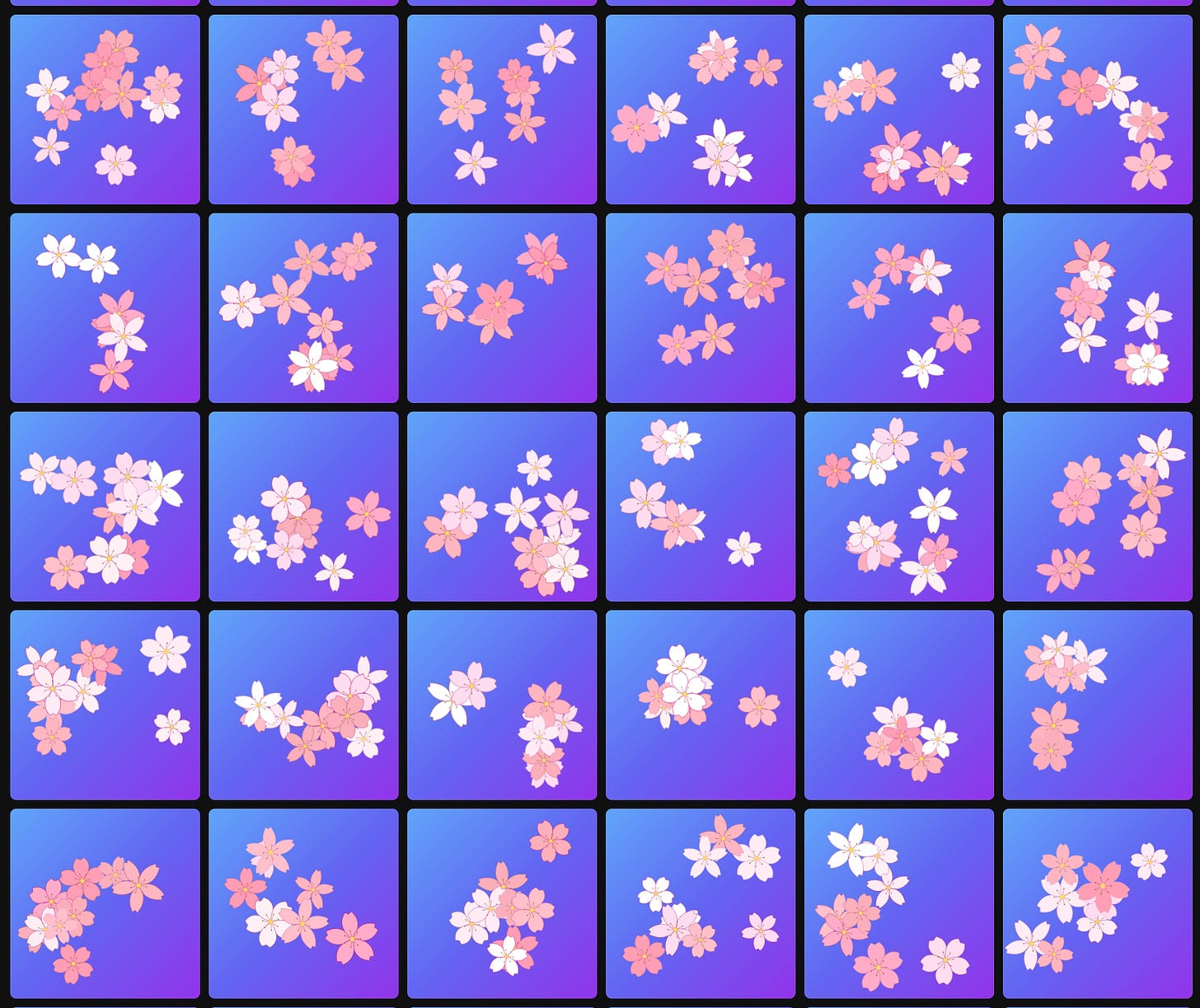 Various configurations of procedurally drawn cherry blossoms. Various configurations of procedurally drawn cherry blossoms.