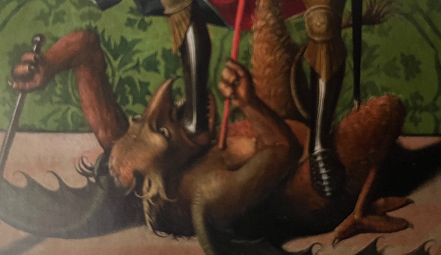 A winged demon getting a boot to the mouth, in a painting from the 1400s