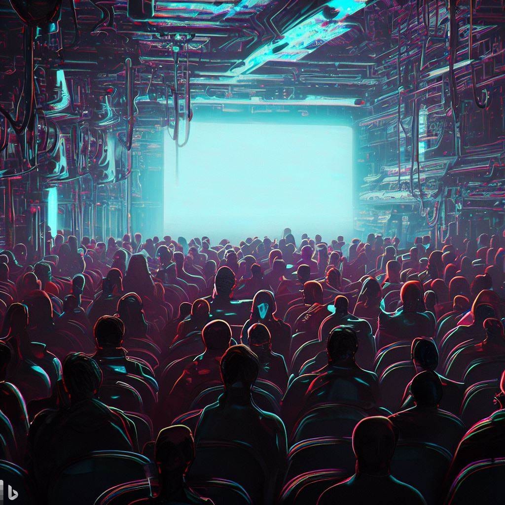 crowded assembly room, cyberpunk, 2066