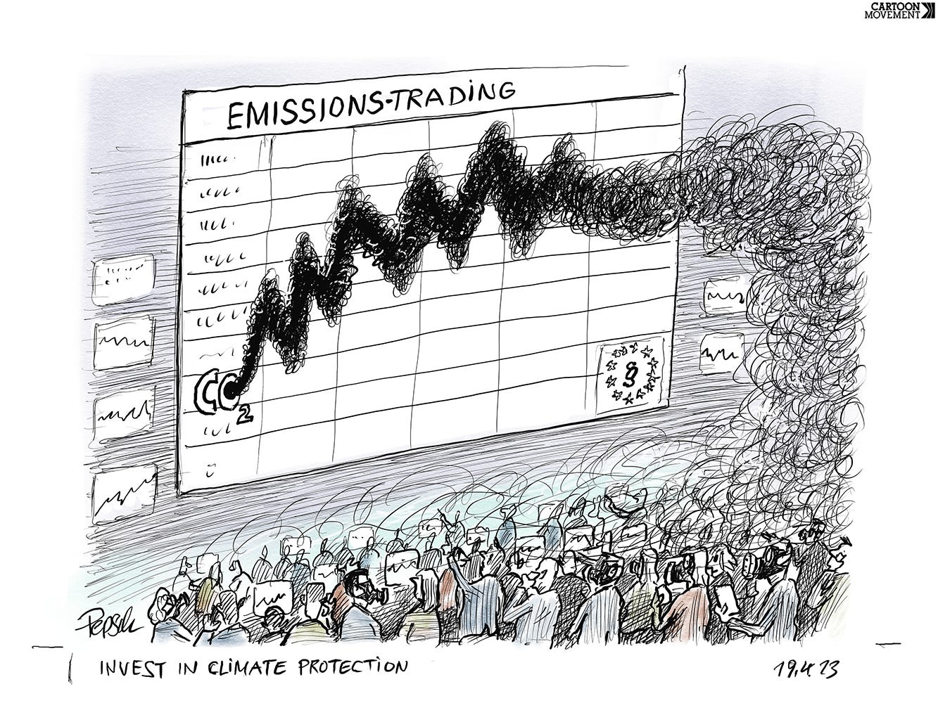 Cartoon showing a trading floor with many clamouring people with a big graph on the wall titled 'Emissions trading'. Instead of a traditional graph line, the line is made op of dirty black smoke. The caption reads "Invest in climate protection".