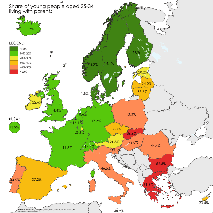 Percentage of Young Adults In Europe, aged 25-34, Who Still Live With Their Parents